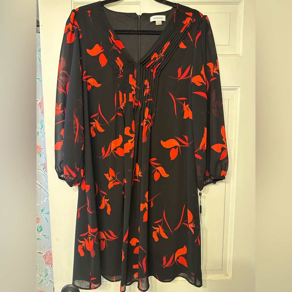 Calvin Klein Black Dress With Red Floral Design